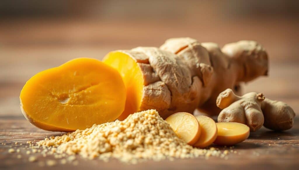 A close-up of a fresh ginger root, its vibrant orange-yellow flesh glistening under soft, warm lighting. The root is sliced lengthwise, revealing its distinct knobby texture and intricate patterns. In the middle ground, a sprinkling of ground ginger powder and a few whole ginger slices create a harmonious arrangement. The background is hazy and out of focus, suggesting a soothing, meditative atmosphere. The overall composition conveys the natural potency and healing properties of this versatile root, highlighting its role in reducing inflammation and promoting overall well-being.