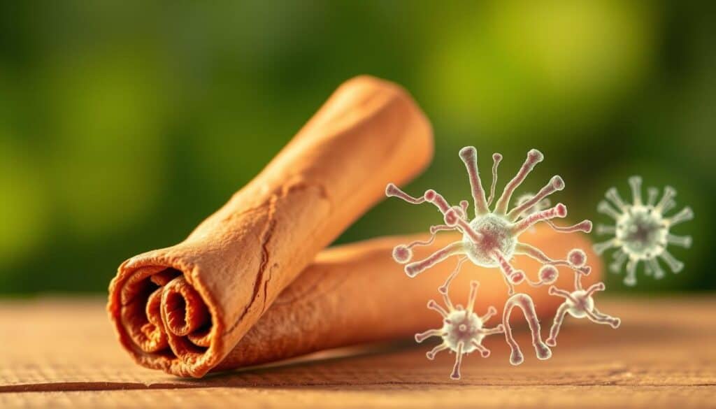 A close-up photograph of a cinnamon stick resting on a wooden surface, with a vibrant green background behind it. The cinnamon stick is bathed in warm, soft lighting, highlighting its rich, reddish-brown hue and intricate bark texture. In the foreground, microscopic bacteria are depicted, surrounded by a glowing, antimicrobial aura emanating from the cinnamon. The image conveys the powerful antimicrobial and antiviral properties of cinnamon, with a sense of scientific discovery and natural healing.