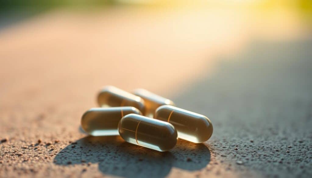 A close-up shot of magnesium glycinate capsules on a muted, natural background. The capsules are backlit, casting soft shadows, with a warm, diffused lighting highlighting their translucent shells. The middle ground features soothing, earthy tones, evoking a sense of calm and balance. In the background, an abstract, mottled pattern in shades of green and blue creates a serene, therapeutic atmosphere, symbolizing the harmonizing effects of magnesium glycinate on mood disorders.