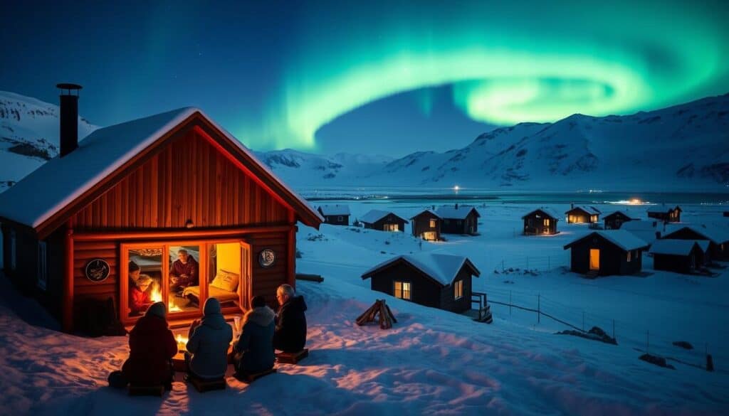A cozy cabin nestled amidst the snowy peaks of Svalbard, its warm wooden exterior contrasted by the crisp, arctic landscape. In the foreground, a group of guests gather around a crackling fireplace, sipping hot beverages and sharing tales of their adventures. The middle ground showcases a variety of accommodation options, from traditional Norwegian-style lodges to modern, eco-friendly apartments, all with stunning views of the surrounding glaciers and fjords. In the background, the Aurora Borealis dances across the night sky, casting a mesmerizing glow over the serene, winter wonderland. Soft, diffused lighting illuminates the scene, creating a welcoming and inviting atmosphere that captures the essence of Svalbard's unique charm.
