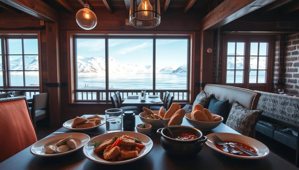 A cozy, intimate dining scene in Longyearbyen, the northernmost town in the world. In the foreground, a table set with local delicacies - fresh seafood, hearty stews, and artisanal breads. Warm lighting casts a soft glow, creating a welcoming atmosphere. In the middle ground, large windows offer a panoramic view of Longyearbyen's snow-capped mountains and the glistening fjord beyond. The background is filled with the rustic charm of wooden beams and exposed brick, hinting at the town's history. A sense of tranquility and culinary delight permeates the scene, inviting the viewer to experience the unique flavors and ambiance of Longyearbyen's best restaurants.