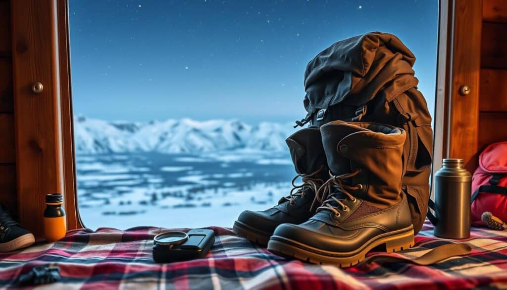 A cozy, well-lit scene showcases the essential gear for an adventurous Svalbard expedition. In the foreground, a sturdy backpack, heavy-duty winter jacket, insulated boots, and thick gloves sit atop a plaid blanket. In the middle ground, a compass, binoculars, and a thermal flask stand ready for the journey. The background features a panoramic view of the Svalbard landscape, with snow-capped mountains and a clear, starry sky. Warm lighting and a sense of anticipation create a inviting, expedition-ready atmosphere.