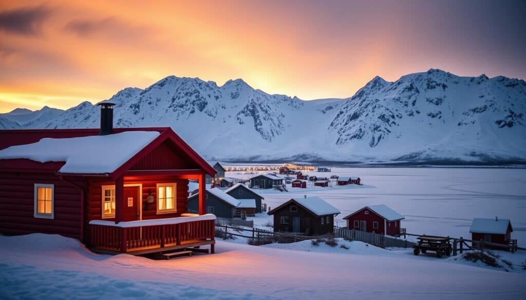 A cozy winter scene in Longyearbyen, the northernmost town in the world. In the foreground, a quaint wooden cabin with a red roof and snow-covered porch, its warm glow beckoning travelers. In the middle ground, snow-capped mountains rise majestically, their peaks touched by a golden sunset. The background features a serene, frozen landscape, with a hint of the Northern Lights dancing across the sky. The scene is bathed in a soft, ethereal light, creating a peaceful, inviting atmosphere for those seeking a unique Arctic adventure.