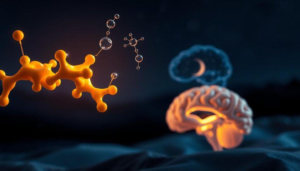 A detailed and photorealistic illustration showcasing the interconnected relationship between protein intake and the regulation of sleep hormones. In the foreground, a molecular model of a protein structure is depicted, emanating a warm, golden glow. Surrounding it, delicate, ethereal representations of melatonin and serotonin molecules float in a serene, midnight-blue atmosphere. In the middle ground, a cross-section of the human brain highlights the pineal gland and the hypothalamus, the key regions responsible for the sleep-wake cycle. The background features a softly blurred, dreamlike landscape, conveying the peaceful, restorative nature of a good night's sleep. Dramatic, chiaroscuro lighting and a shallow depth of field emphasize the importance of this intricate biological process.
