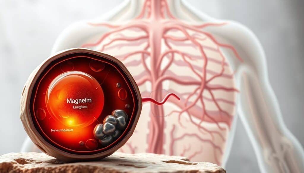 A detailed, high-resolution cross-section illustration depicting the biological functions of magnesium within the human body. The foreground shows a cutaway view of a human cell, highlighting the role of magnesium in energy production, nerve transmission, and muscle function. The middle ground features a network of blood vessels and tissues, showcasing how magnesium is transported and utilized throughout the body. The background provides a subtle anatomical context, with soft, muted tones to emphasize the central subject matter. The lighting is soft and natural, creating depth and dimension. The overall mood is educational, informative, and visually striking, suitable for inclusion in a magazine article on the benefits of magnesium supplementation.