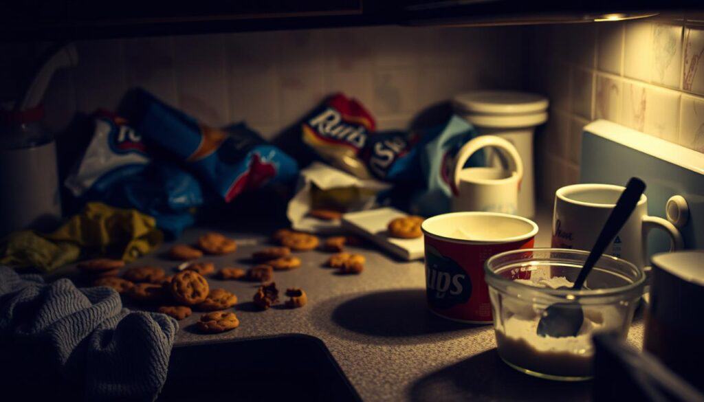 A dimly lit kitchen countertop at 2 AM, illuminated by the soft glow of the fridge light. A variety of late-night snacks scatter the surface - crumpled bags of chips, half-eaten cookies, and an open tub of ice cream, the spoon still dipped inside. The scene is slightly blurred, as if viewed through the sleepy haze of a midnight craving. The lighting is warm and cozy, casting shadows that dance across the rumpled kitchen towels and half-empty mugs. The atmosphere is one of indulgence and guilty pleasure, a moment of unapologetic self-care in the still of the night.