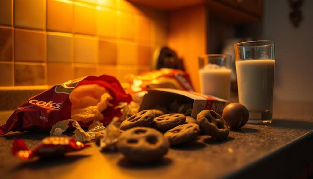 A dimly lit kitchen, soft amber lighting casting warm shadows across the countertop. On the surface, a jumble of tempting late-night snacks - a half-eaten bag of potato chips, a half-open box of chocolate-dipped cookies, and a half-full glass of cold milk. The slightly crumpled wrapper of a candy bar lies nearby, hinting at a previous indulgence. The scene exudes a cozy, indulgent atmosphere, as if pausing time for a moment of guilty pleasure amidst the day's responsibilities. A 50mm lens captures the scene, its shallow depth of field drawing the eye to the enticing morsels, inviting the viewer to imagine the satisfying crunch and sweetness of this late-night snack break.