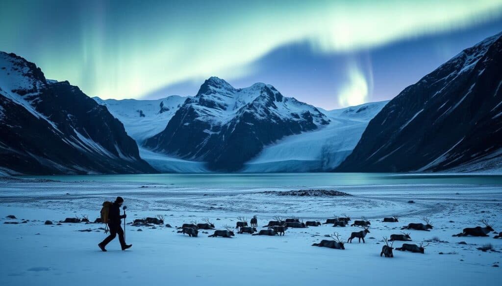 A dramatic landscape under the Arctic's ethereal light, with towering mountain peaks and glaciers cascading into a pristine fjord. In the foreground, a lone explorer navigates a rugged terrain of snow and ice, their silhouette dwarfed by the grandeur of the surrounding wilderness. The middle ground reveals a herd of reindeer grazing peacefully, while in the distance, the aurora borealis dances across the sky, casting an otherworldly glow over the entire scene. The image is captured with a wide-angle lens, emphasizing the vast scale and untamed beauty of Svalbard, the Arctic's hidden gem.