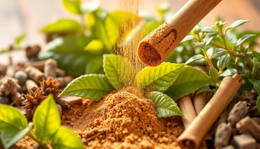 A finely-ground cinnamon powder gently sprinkling over fresh, green leaves of a plant, surrounded by various medicinal herbs and plants with blood sugar-regulating properties. The scene is bathed in warm, natural lighting, with a slight depth of field blurring the background. The composition emphasizes the central role of cinnamon in maintaining healthy blood sugar levels, conveying a sense of balance, wellness, and the power of natural remedies.