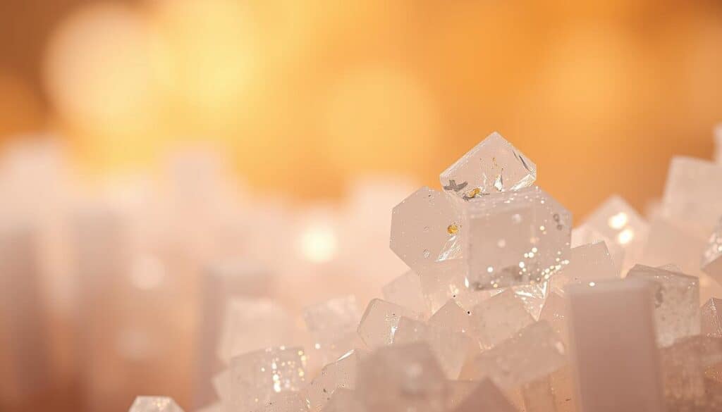 A high-resolution image of magnesium glycinate crystals glowing under warm, diffused lighting. The foreground features a close-up view of the crystalline structure, highlighting its unique molecular geometry and translucent quality. The middle ground depicts the crystals floating against a blurred, ethereal background, conveying a sense of purity and natural elegance. The lighting creates a soft, inviting atmosphere, emphasizing the compound's gentle, bioavailable nature. The overall composition showcases the sophisticated, science-driven essence of magnesium glycinate, aligning with its distinct advantages over other magnesium supplements.