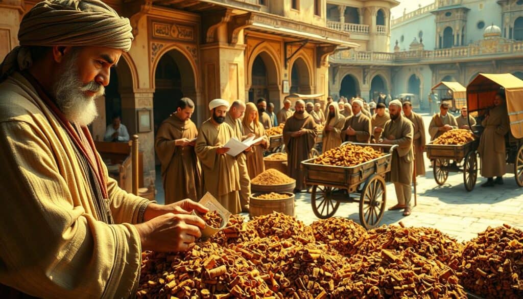 A historical scene depicting the traditional uses of cinnamon throughout the ages. In the foreground, a spice merchant in traditional Middle Eastern attire carefully weighs and packages cinnamon sticks. In the middle ground, a group of scholars and monks engrossed in ancient texts, referencing cinnamon's medicinal and culinary properties. In the background, a bustling marketplace with carts laden with fragrant cinnamon, surrounded by ornate architecture hinting at the global trade routes that carried this prized spice. Warm, golden lighting casts a nostalgic glow, evoking the timeless allure of this versatile spice.
