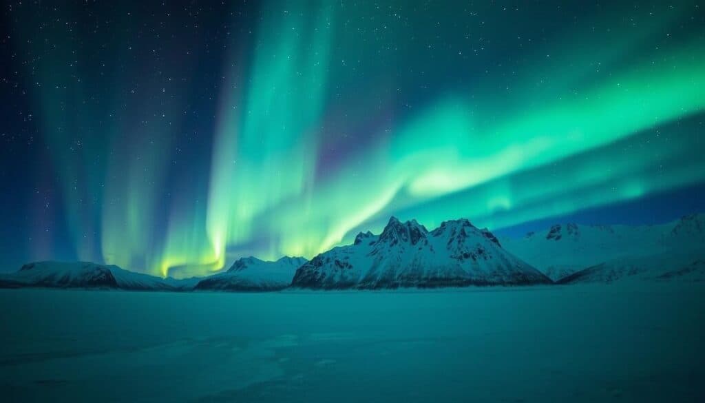 A mesmerizing display of the Northern Lights dancing across the crisp, starry night sky over the dramatic, snow-capped mountains of Svalbard. In the foreground, a vast, frozen fjord reflects the ethereal green and purple hues of the Aurora Borealis, casting a magical glow over the serene, icy landscape. The middle ground features the silhouettes of rugged peaks, their jagged outlines standing in stark contrast against the vibrant, swirling lights above. Captured with a wide-angle lens, this scene conveys a sense of awe and wonder, perfectly encapsulating the enchanting natural beauty of Svalbard during the prime Northern Lights viewing season.