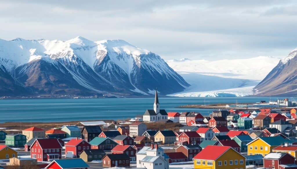 A panoramic view of Longyearbyen, Svalbard's largest settlement, nestled between majestic snow-capped peaks and the icy blue waters of the fjord. In the foreground, colorful wooden houses with red, blue, and yellow roofs line the quaint streets, while in the middle ground, the iconic Svalbard Church and the Svalbard Museum stand tall, hinting at the town's rich cultural heritage. In the background, the Nordenskiöld Glacier cascades down the mountain, casting a serene and pristine atmosphere over the entire scene. The image is bathed in the soft, diffused light of the arctic sun, creating a dreamlike, almost magical quality to the landscape.
