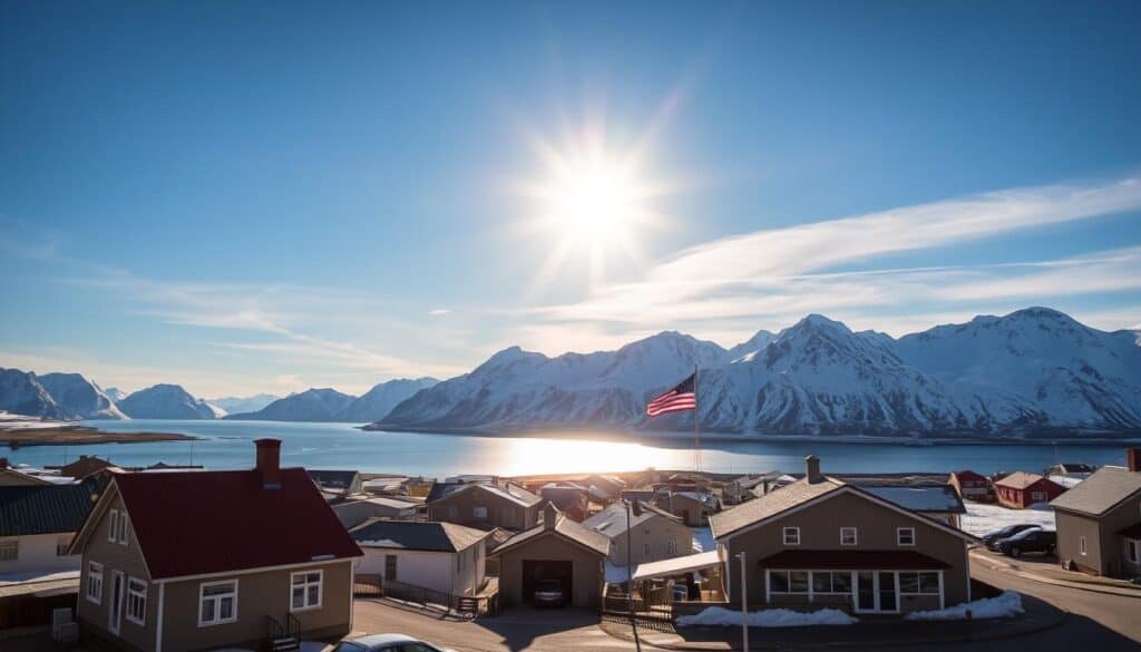 A picturesque scene of Longyearbyen, the northernmost town on Earth, basking in the soft glow of the midnight sun. In the foreground, a cozy Norwegian-style house with a traditional red roof stands beside a charming street lined with quaint shops and cafes. In the middle ground, the magnificent Svalbard mountains rise up, their snow-capped peaks reaching towards the azure sky. In the distance, a glittering fjord reflects the surrounding natural beauty. The atmosphere is one of tranquility and wonder, inviting visitors to explore this unique Arctic oasis.