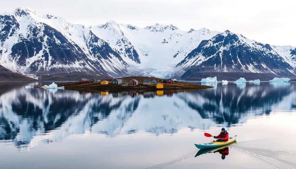 A picturesque vista of Svalbard's rugged, snow-capped mountains reflected in a tranquil fjord. In the foreground, a lone kayaker glides peacefully across the glassy waters, surrounded by the pristine natural beauty of the Arctic. The middle ground features a cluster of colorful wooden cabins nestled amidst the dramatic landscape, evoking the quaint and charming towns that dot the archipelago. In the background, towering glaciers and icebergs shimmer under the soft, diffused light of the polar day, creating a sense of awe and wonder. The overall scene conveys the untamed majesty and serene isolation that epitomize the Svalbard experience.