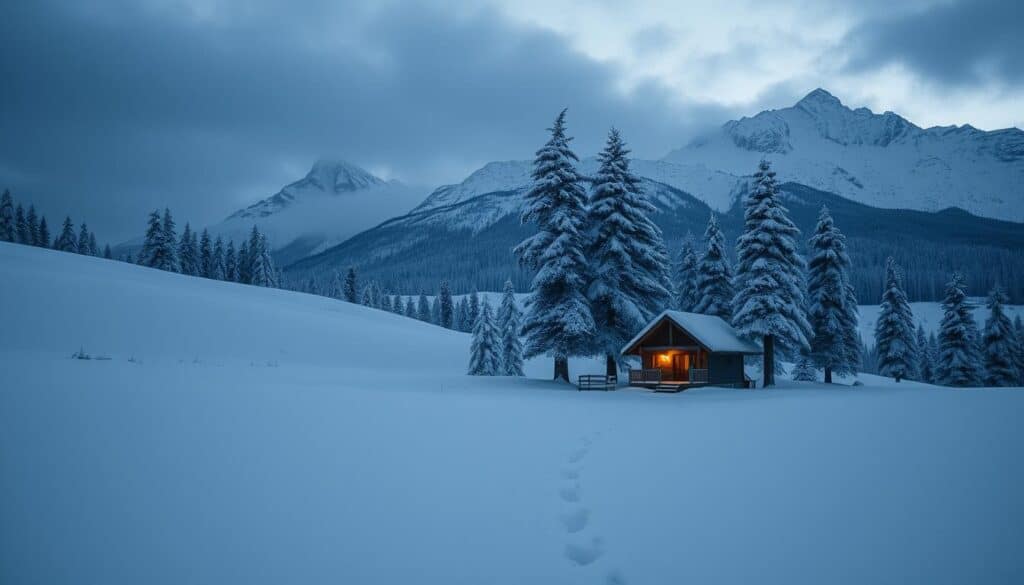 A remote, snow-covered cabin nestled in a vast, untouched winter landscape. The cabin's warm, inviting lights contrast with the deep blues and grays of the fading daylight, casting a cozy glow over the scene. In the foreground, a path leads through the pristine, powdery snow, inviting the viewer to venture forth and explore this secluded oasis. In the middle ground, towering, ancient pine trees stand sentinel, their branches heavy with fresh snowfall. In the background, majestic, snow-capped mountains rise up, their peaks piercing the overcast sky. The overall mood is one of tranquility, solitude, and the peaceful escape from the bustle of everyday life.