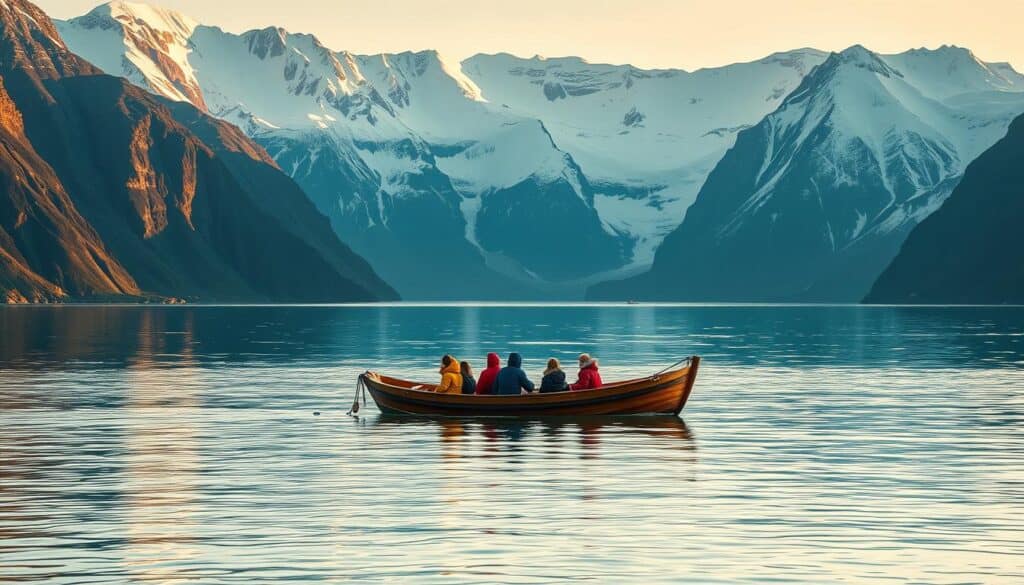 A serene fjord in Svalbard, Norway, with a small wooden boat gently drifting on the still, turquoise waters. The boat is surrounded by towering, snow-capped mountains in the background, casting long shadows under the soft, golden light of the midnight sun. A group of passengers sit in the boat, bundled in warm, colorful outerwear, gazing in awe at the majestic, rugged landscape that stretches out before them. The scene evokes a sense of tranquility, adventure, and the profound connection with the natural world that defines the Svalbard experience.