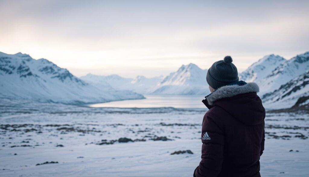 A serene landscape in Svalbard, the remote Norwegian archipelago in the Arctic Ocean. In the foreground, a person stands bundled in warm winter attire, gazing out at the vast, snow-covered terrain. In the middle ground, jagged mountains rise, their peaks capped with glistening snow. In the background, a glacier-fed fjord reflects the pale, diffused light of the Arctic sky. The scene exudes a sense of tranquility and remoteness, capturing the essence of Svalbard's untamed natural beauty. The lighting is soft and diffused, creating a sense of mystery and wonder. The camera angle is slightly elevated, giving the viewer a panoramic view of this enchanting Arctic paradise.
