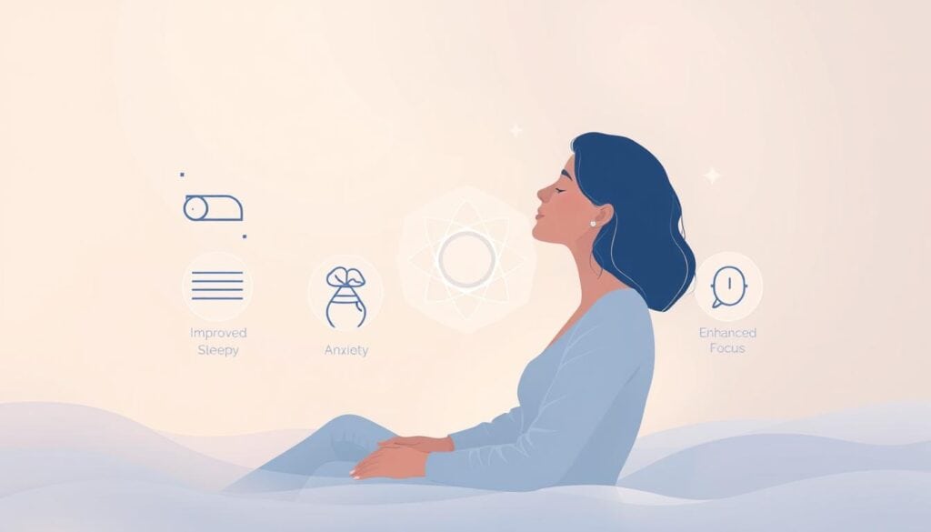 A serene, minimalist illustration showcasing the benefits of magnesium glycinate for stress and mood. In the foreground, a woman in a relaxed pose, surrounded by a calming, pastel-toned environment. Soft, diffused lighting creates a soothing atmosphere. In the middle ground, visual metaphors representing improved sleep, reduced anxiety, and enhanced focus. The background features abstract, harmonious shapes and gradients, evoking a sense of balance and well-being. The overall aesthetic is clean, elegant, and conceptual, emphasizing the transformative effects of magnesium glycinate on the mind and body.