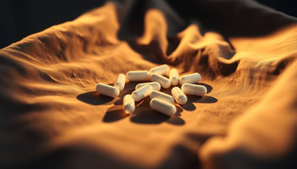 A softly lit, close-up photograph of magnesium glycinate supplements resting on a soothing, dark-colored bedding material. The capsules are arranged in a calming, symmetrical pattern, casting gentle shadows that suggest a tranquil, sleep-inducing atmosphere. The lighting is warm and ambient, creating a sense of relaxation and comfort. The focus is sharp on the magnesium glycinate, with a shallow depth of field that gently blurs the background, drawing the viewer's attention to the central subject. The overall composition and mood evoke the restorative benefits of magnesium glycinate for improved sleep quality and relaxation.