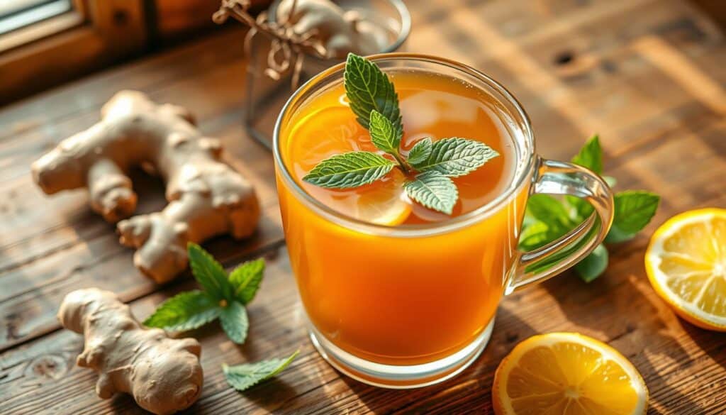 A steaming cup of freshly brewed ginger tea, its golden liquid reflecting the warm, natural light filtering through a window. Slices of fresh ginger root, their rich ochre hues contrasting with the delicate pale green of mint leaves, float atop the surface. The inviting aroma of citrus, spice, and a hint of sweetness fills the air, creating a cozy and soothing ambiance. The mug is set on a rustic wooden table, surrounded by a few ginger root pieces, a sprig of mint, and a slice of lemon. The overall composition evokes a sense of wellness and mindful relaxation, perfectly capturing the benefits of this health-packed beverage.