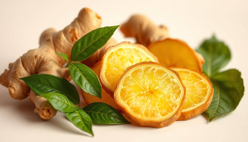 A vibrant, close-up photograph of fresh ginger root slices and leaves, arranged artfully against a clean, light background. The ginger pieces are slightly faded, with a warm, earthy tone and subtle shadows, conveying their natural, healthful properties. The lighting is soft and diffused, highlighting the intricate textures and vibrant hues of the ginger. The overall composition is balanced, with the ginger slices positioned in a way that suggests their role in aiding weight management. The image evokes a sense of simplicity, purity, and the power of nature's remedies.