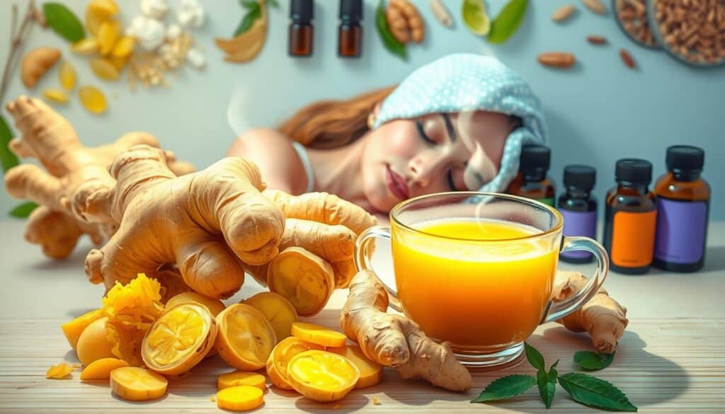 A vibrant, detailed illustration of various ginger-based remedies for nausea relief. In the foreground, an assortment of fresh ginger roots, sliced and grated, alongside a steaming cup of ginger tea. In the middle ground, a woman resting with a cool, damp cloth on her forehead, finding comfort in the soothing properties of ginger. The background features an array of herbal supplements and essential oils, all designed to alleviate gastrointestinal distress. The lighting is soft and natural, creating a calming, therapeutic atmosphere. The composition is balanced, with a focus on the practical applications of ginger for nausea and upset stomach relief.