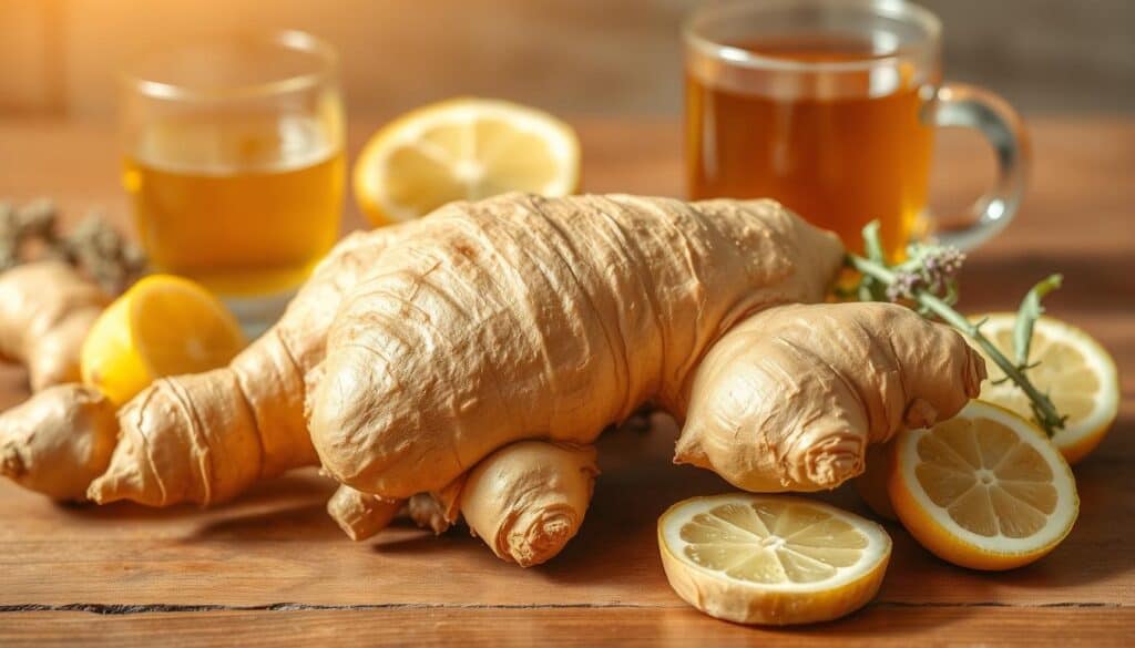 A vibrant still life depicting fresh ginger root on a wooden table, bathed in warm, natural lighting. The ginger's knobby, golden-hued rhizome takes center stage, its distinct ridges and curves suggesting its potent medicinal properties. Surrounding the ginger are various complementary elements - a glass of ginger tea, a few sliced lemon wedges, and a sprig of fragrant herbs, hinting at the versatility of this ancient root and its digestive health benefits. The composition is balanced, with a sense of calm and inviting atmosphere, conveying the soothing, restorative power of ginger for gastrointestinal well-being.