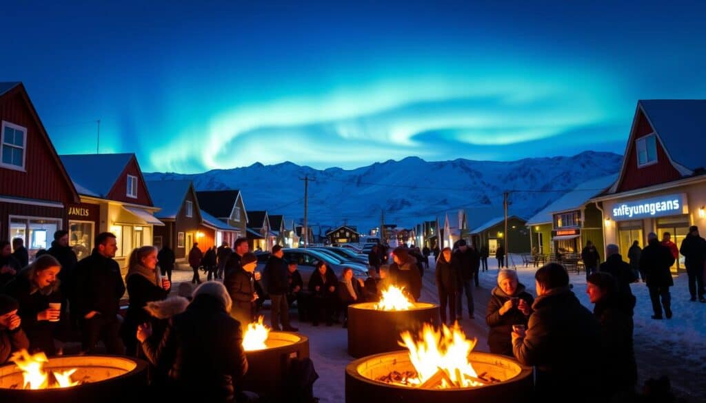 A vibrant winter night in Longyearbyen, the northernmost town in the world. In the foreground, people gather around the warm glow of outdoor fire pits, sipping hot beverages and laughing amongst themselves. The middle ground reveals a lively street scene, with locals and visitors strolling past illuminated shop windows and cafes. In the background, the majestic Arctic landscape is bathed in the ethereal light of the aurora borealis, casting an otherworldly glow across the snow-capped mountains. The image conveys a sense of cozy, convivial community amidst the stark, sublime beauty of the polar night.