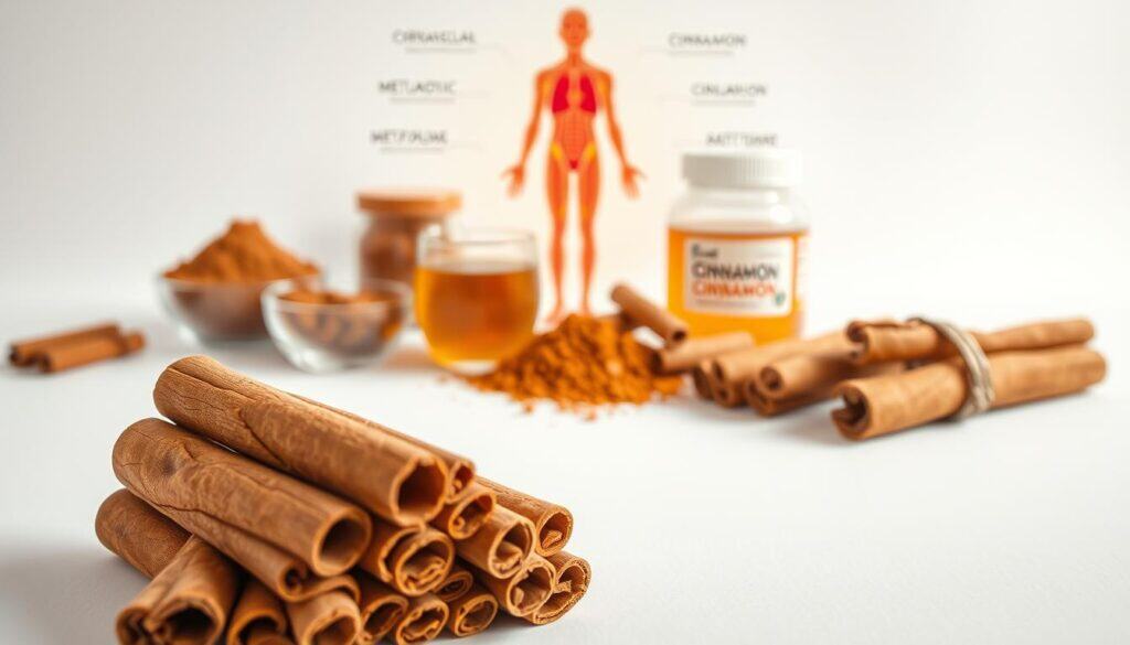 A well-lit, high-resolution image of the health benefits of cinnamon. In the foreground, a pile of whole cinnamon sticks, their warm, reddish-brown hues contrasting against a clean, white background. In the middle ground, various cinnamon-based ingredients like ground cinnamon, cinnamon tea, and cinnamon supplements. The background features a softly blurred illustration of a healthy human body, highlighting the cardiovascular, metabolic, and anti-inflammatory effects of cinnamon. The overall composition conveys a sense of purity, clarity, and the natural goodness of this versatile spice. Captured with a professional-grade camera lens, the image exudes a natural, inviting aesthetic suitable for an informative article on the science-backed benefits of cinnamon.