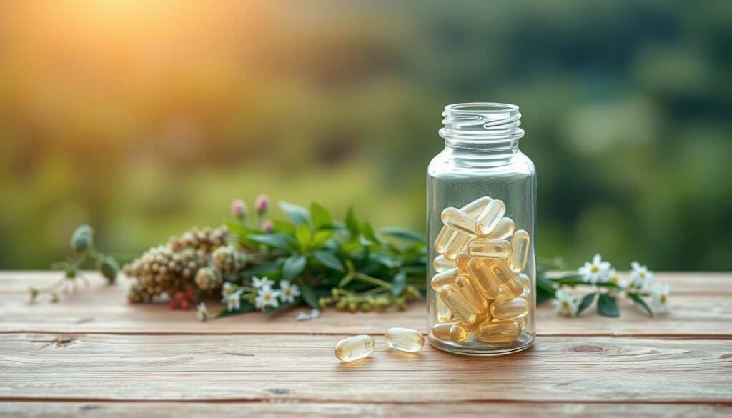 A wooden table, its surface textured with the natural grain, serves as the focal point. In the foreground, a translucent glass bottle filled with shimmering magnesium glycinate capsules rests gently, its contents shining like small stars. The middle ground features a calming array of soothing herbs, their delicate leaves and petals arranged in a harmonious composition. The background is a softly blurred natural landscape, bathed in warm, diffused lighting that creates a serene, therapeutic atmosphere. The overall scene evokes a sense of balance, tranquility, and the restorative power of this natural supplement for alleviating anxiety.