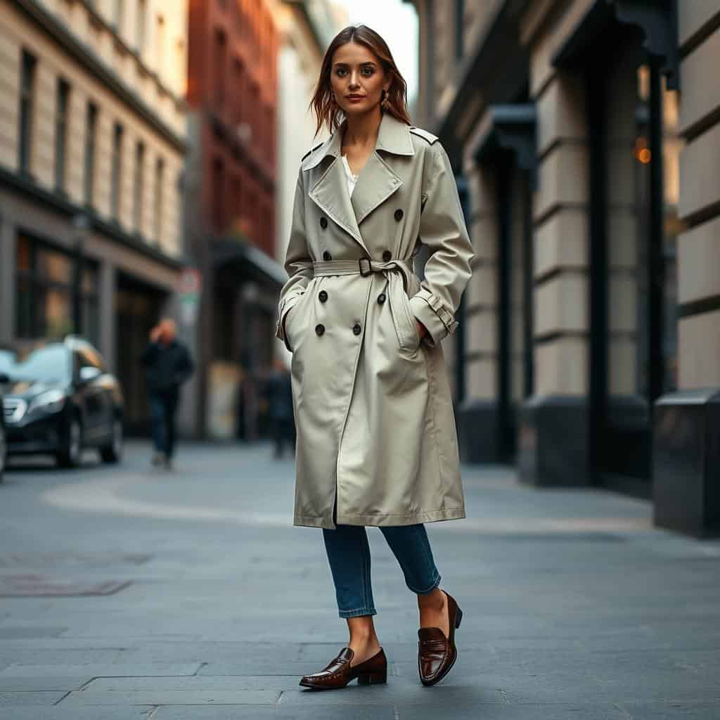 Classic oversized trench coat paired with loafers for a timeless street style look