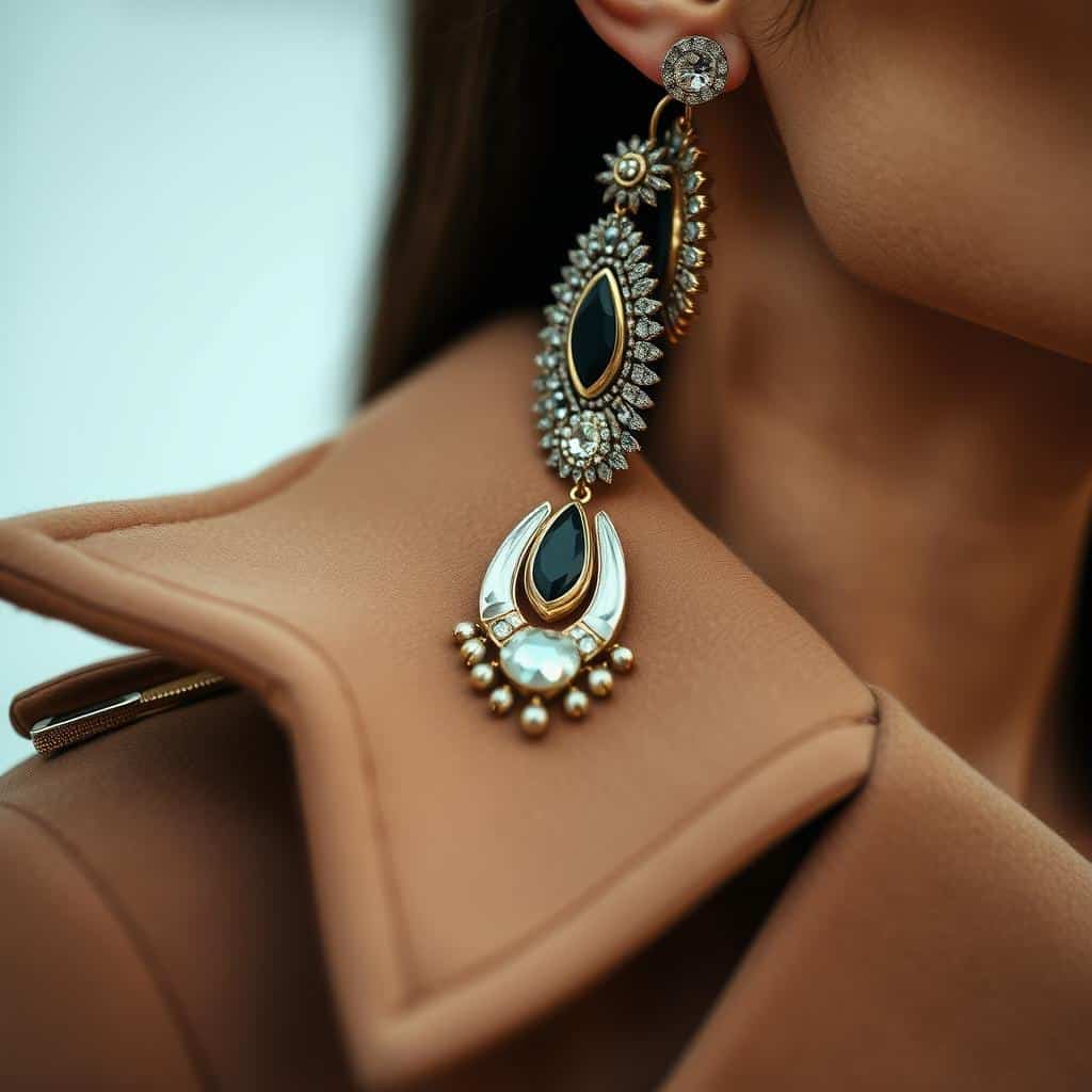 Close-up of statement earrings paired with an oversized coat collar for a stylish street style detail