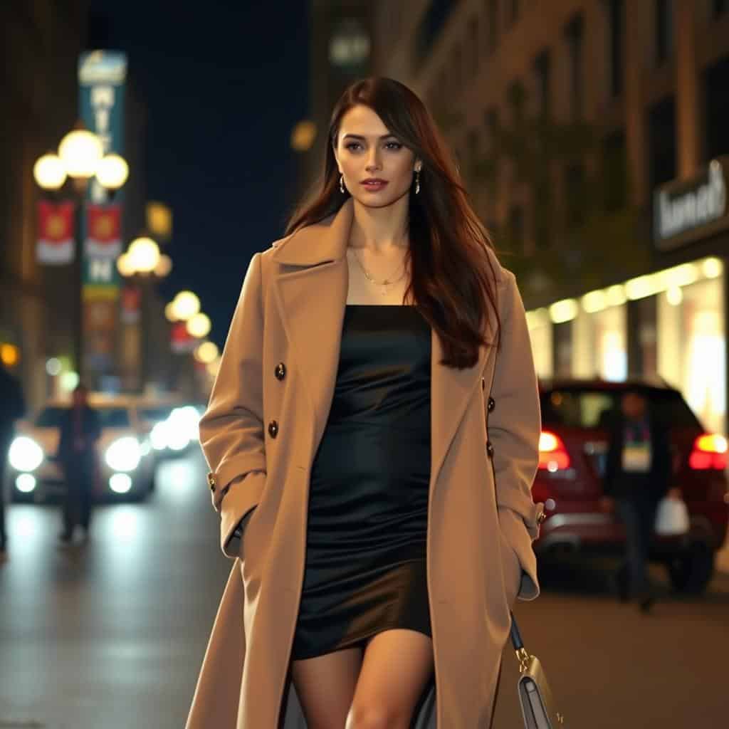 Evening layering with an oversized coat over a sleek dress for elegant street style