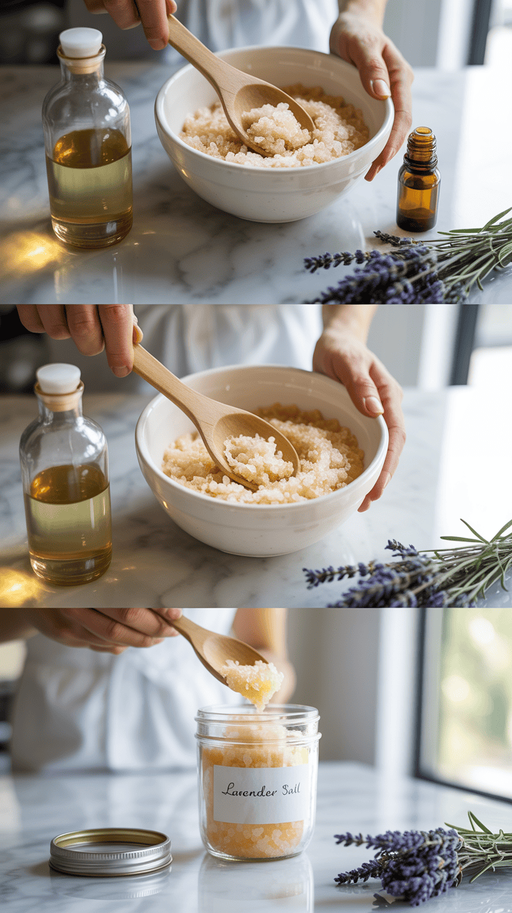 A step-by-step image of making a DIY salt scrub, featuring a bowl with sea salt, a bottle of carrier oil, and a dropper of essential oil, with a person mixing the ingredients and transferring the final product into a mason jar.