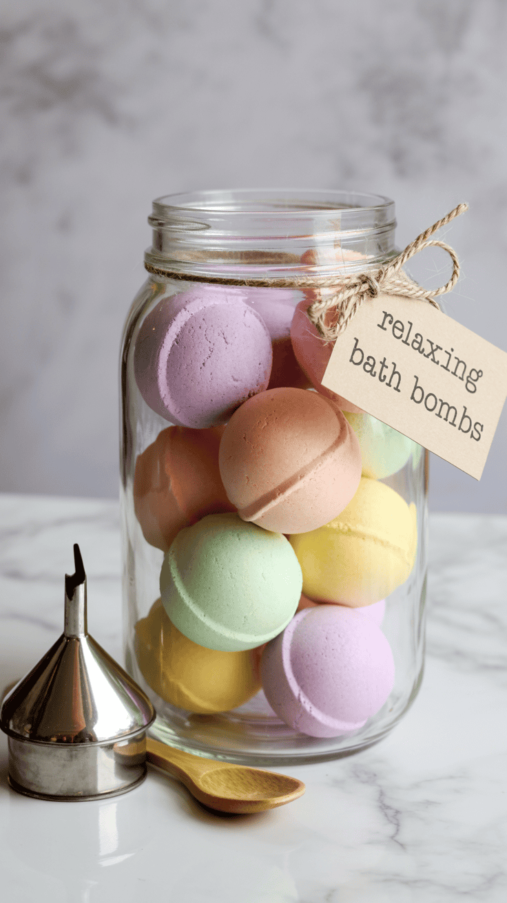 A mason jar filled with colorful, perfectly shaped bath bombs in pastel hues, with a small funnel and spoon nearby, and a cute label on the jar