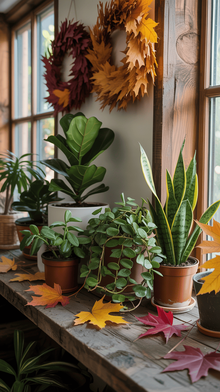 A cozy indoor plant display featuring seasonal decorations like wreaths and colorful leaves
