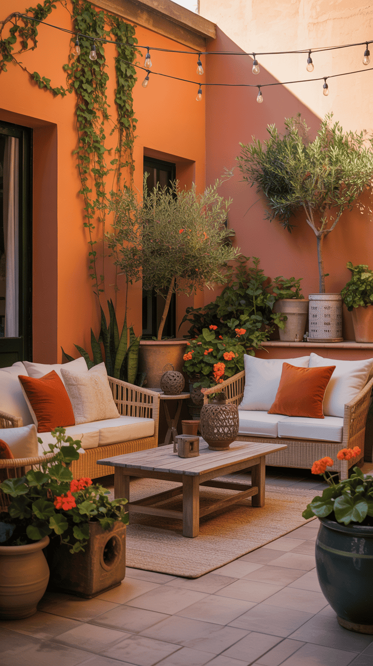 A cozy patio with warm color palettes, featuring orange walls, comfortable seating, and decorative plants