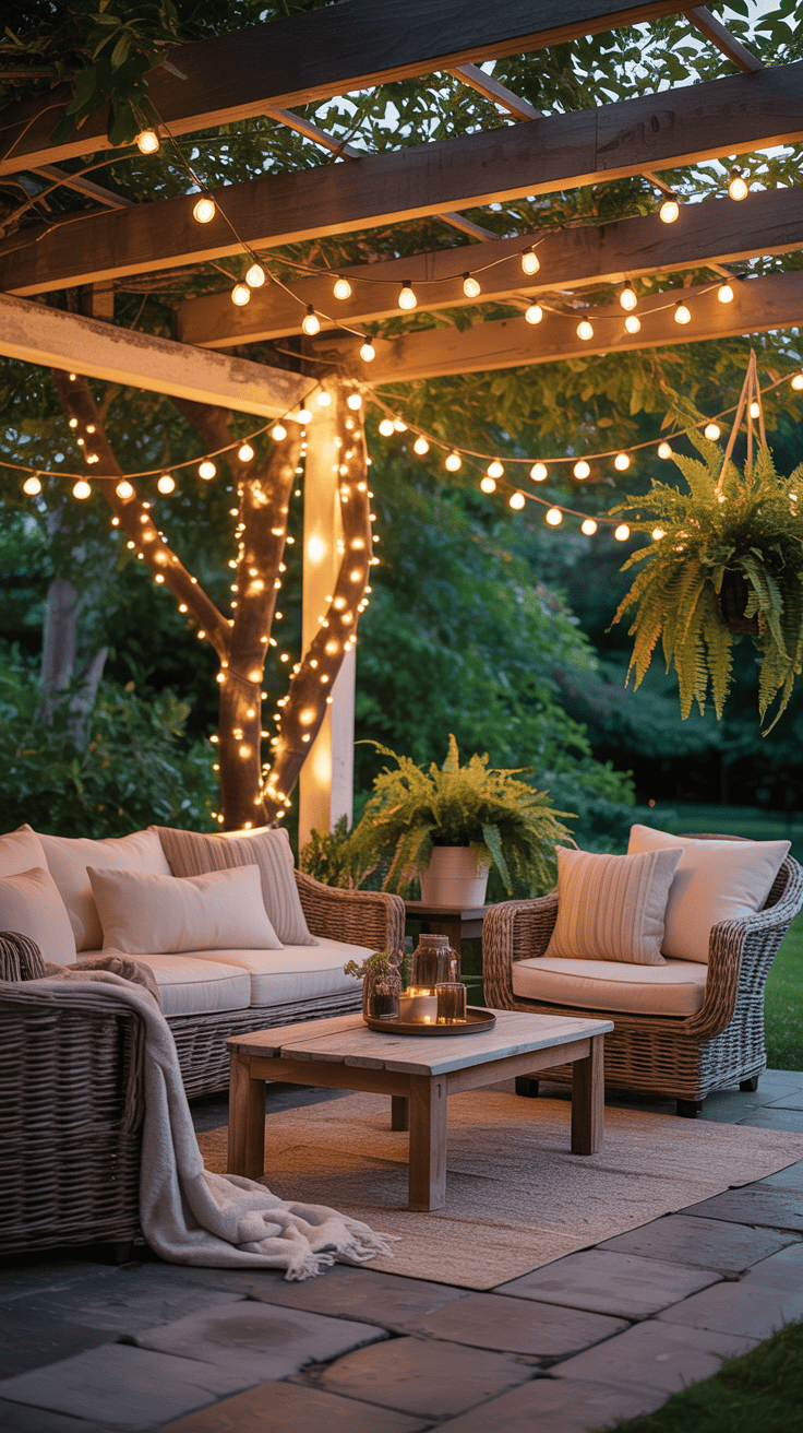 Cozy patio with twinkling lights and comfortable seating