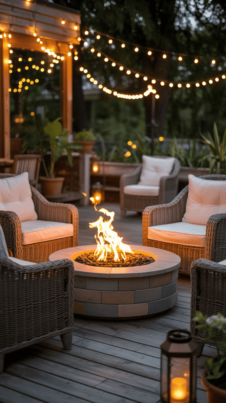 A cozy patio with a fire pit surrounded by chairs, string lights overhead, and a warm atmosphere