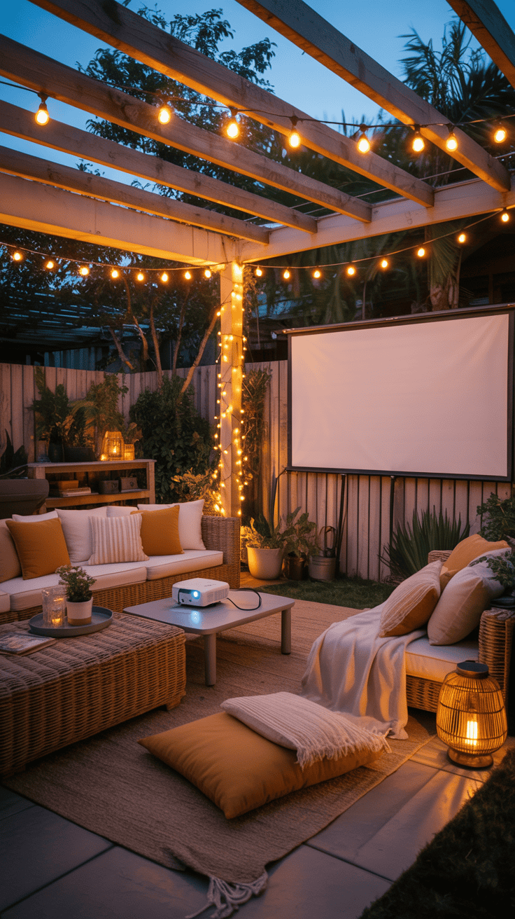 Cozy patio setup for movie night with projector, comfy seating, and string lights