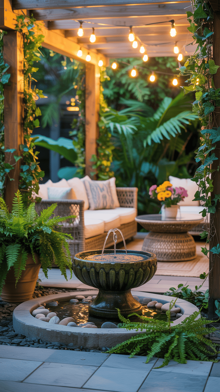 Cozy patio with a water feature surrounded by plants