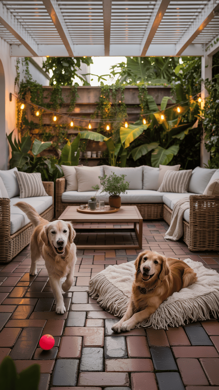 Cozy pet-friendly patio with comfortable seating and playful dogs