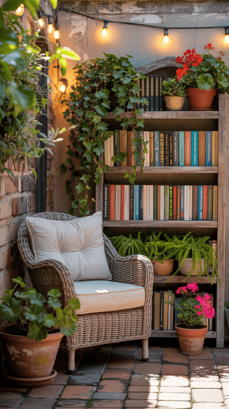 Cozy patio reading corner with a chair, bookshelf, and plants