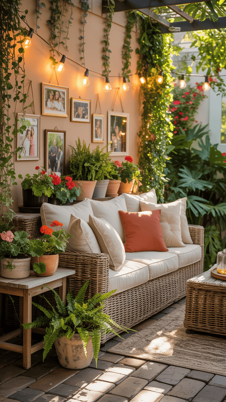 Cozy patio with personal decor including family photos and plants