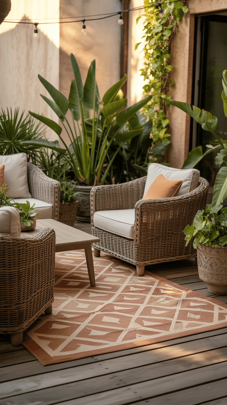 A cozy patio with a stylish outdoor rug, comfortable seating, and vibrant plants