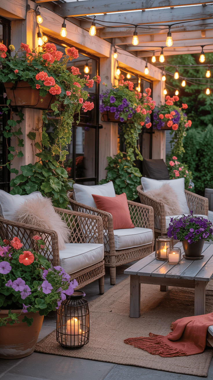 Cozy patio with flowers, seating, and warm decor