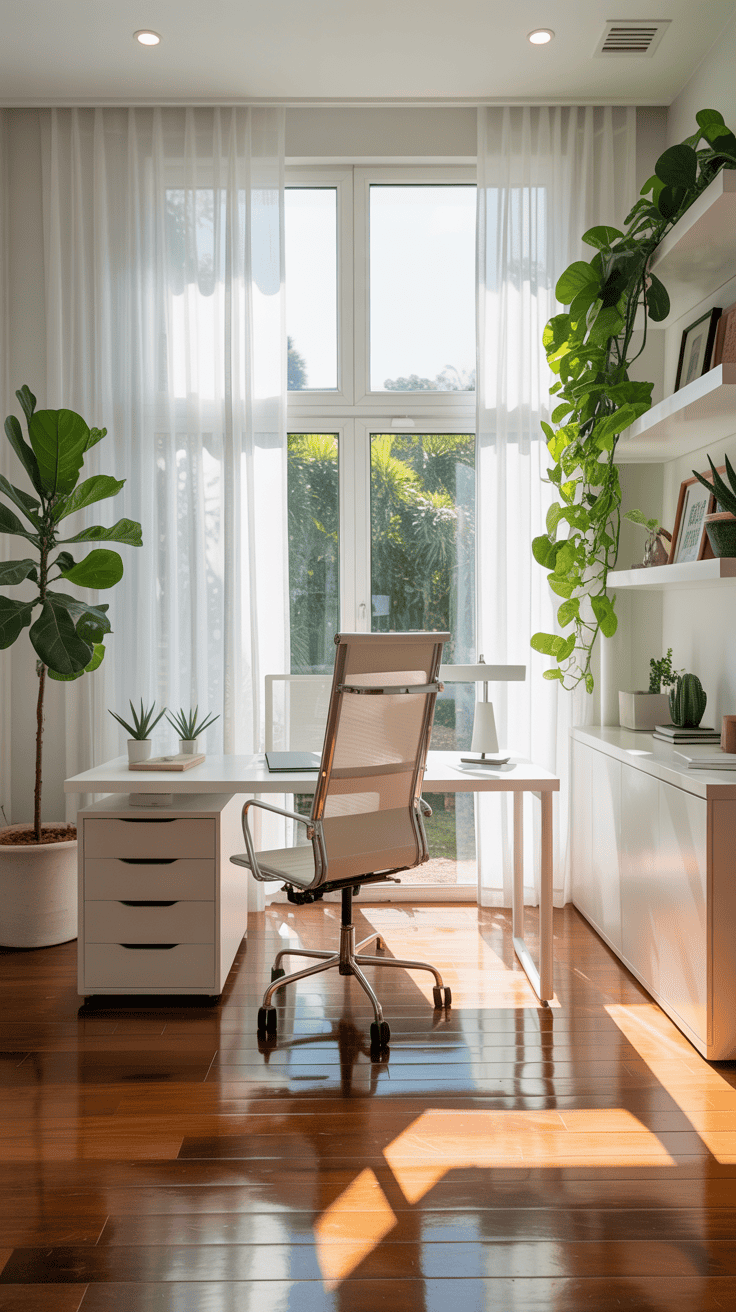 Bright and airy home office with large windows, white furniture, and green plants