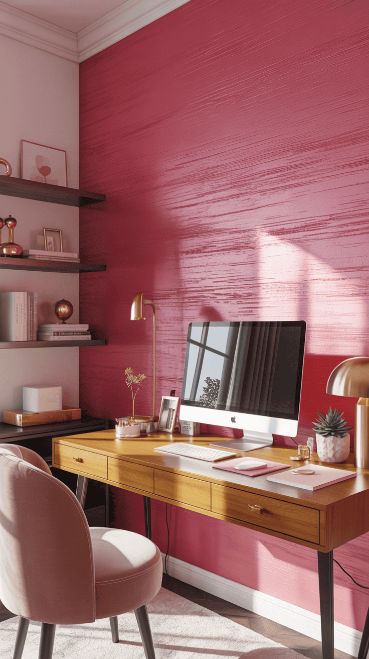 A feminine home office featuring a bold pink textured wall, a wooden desk with a computer, and stylish decor