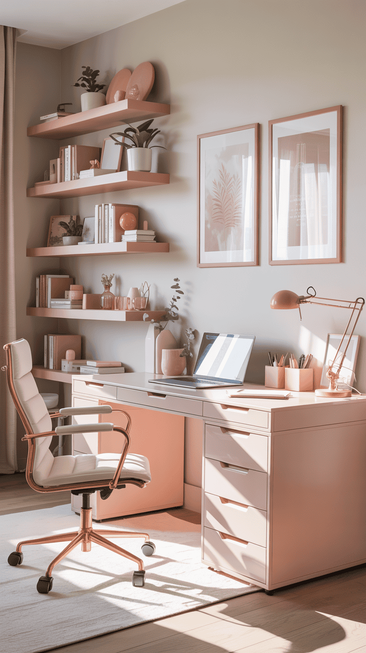 A stylish home office with pink accents, organized shelves, and a comfortable desk